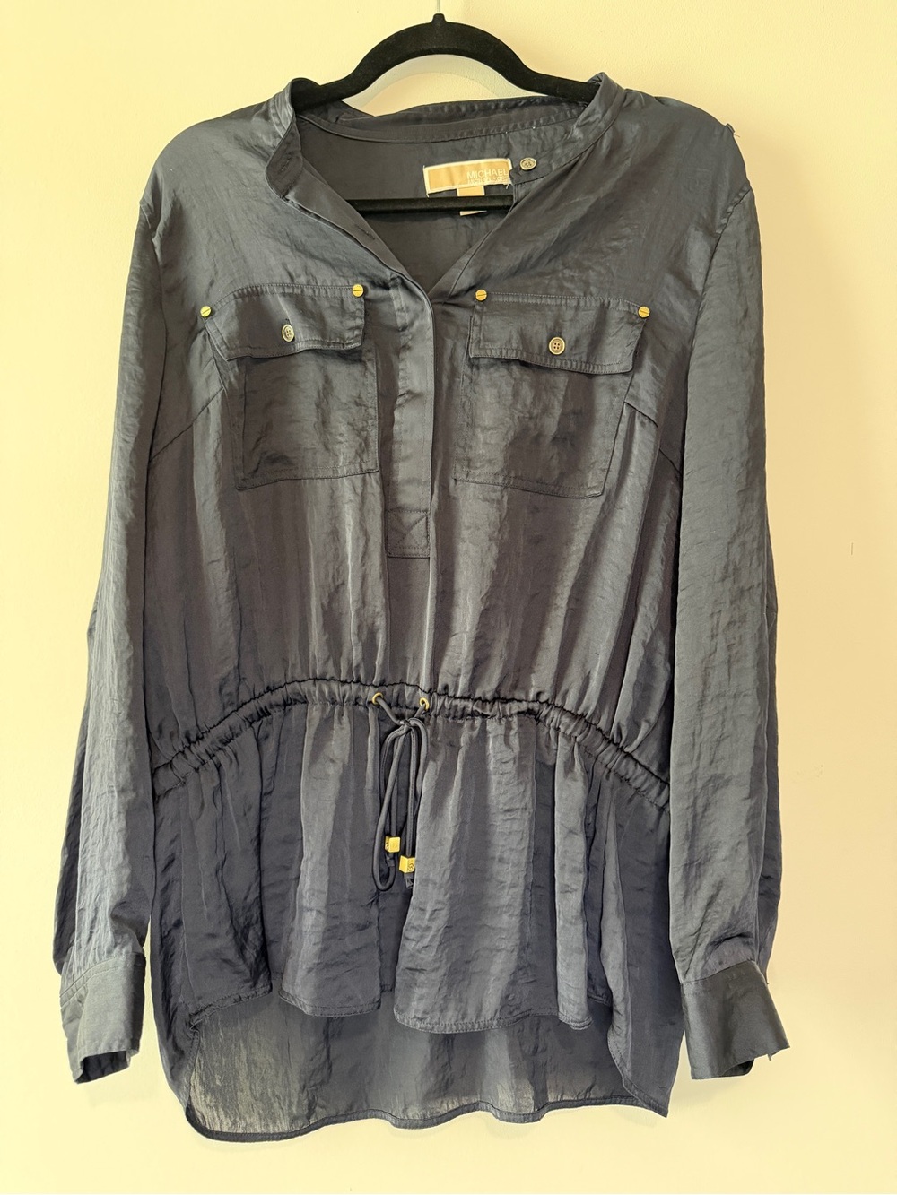 Michael Kors Womens Navy Drawstring Waist Popover Blouse